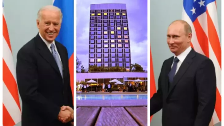 Джо Байден и Владимир Путин, отель Intercontinental. Коллаж "Сегодня"