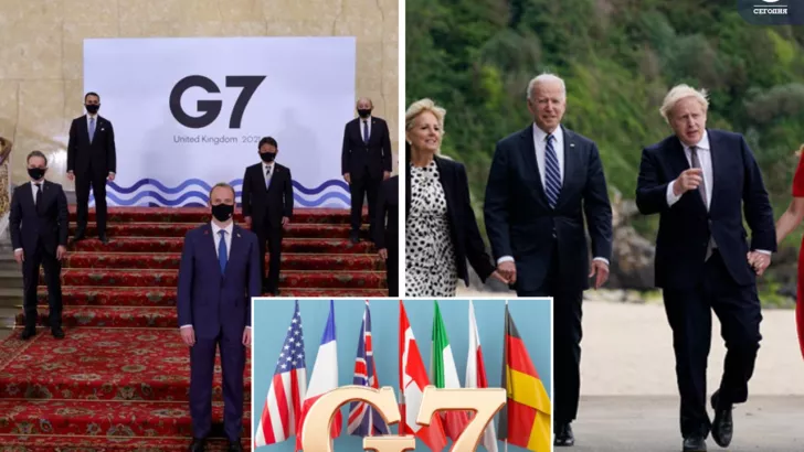 Лидеры "Большой семерки" на саммите. Фото: коллаж "Сегодня"