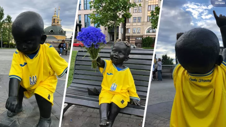 Памятник основателя Киева нарядили в футбольную форму. Фото: коллаж "Сегодня"