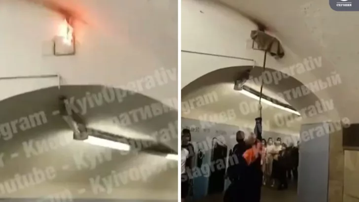 Пожар в метро тушат тряпкой. Скриншоты с видео "Киев оперативный"
