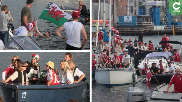 Данські вболівальники дивилися футбол на воді, а валлійці влаштували заплив з прапором