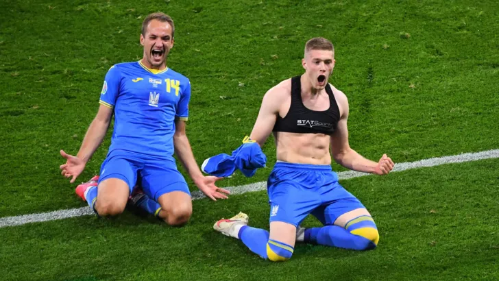 Artem Duvbek celebrates a goal against Sweden at Euro 2020