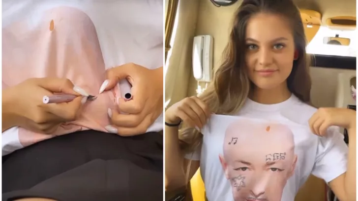 Девушка Моргенштерна в футболке с принтом Дмитрия Гордона