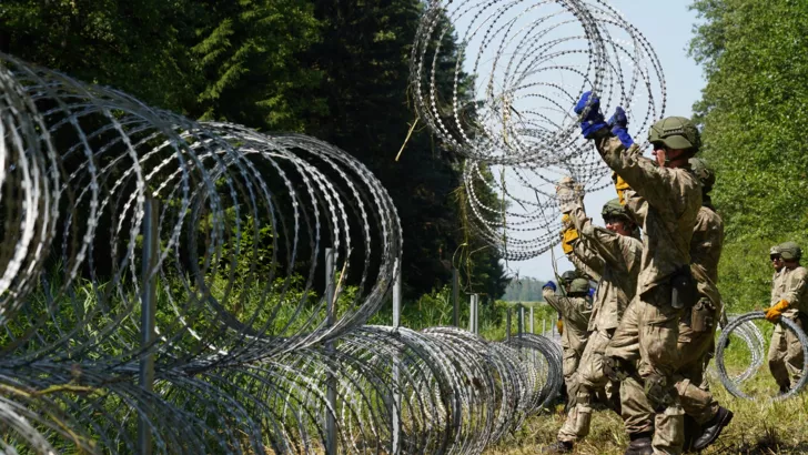 Литовские военные монтируют стену из колючей проволоки. Фото: REUTERS/Janis Laizans
