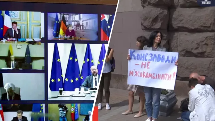 Видеоконференция ЕС и протест коневодов / коллаж "Сегодня"