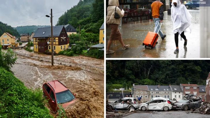 Последствия потопа в Швейцарии, Лондоне и Бельгии. Коллаж "Сегодня"