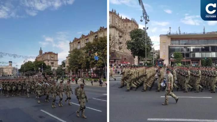 Колонна военных идет по Крещатику. Фото: коллаж "Сегодня"