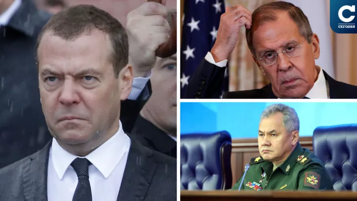 У Медведева (слева) проблемы со здоровьем, а почему не пришли Лавров (сверху) и Шойгу? Коллаж "Сегодня"