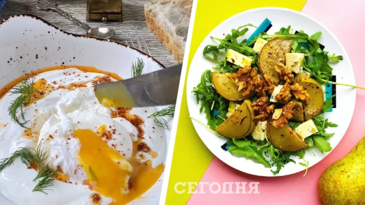 Яйца по-турецки и салат с грушей и горгондзолой