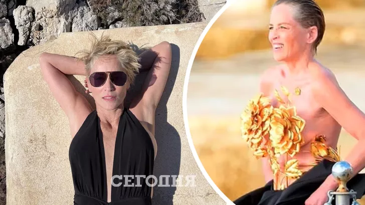 63-летняя Шэрон Стоун позировала на пляже в золотом цветочном топе