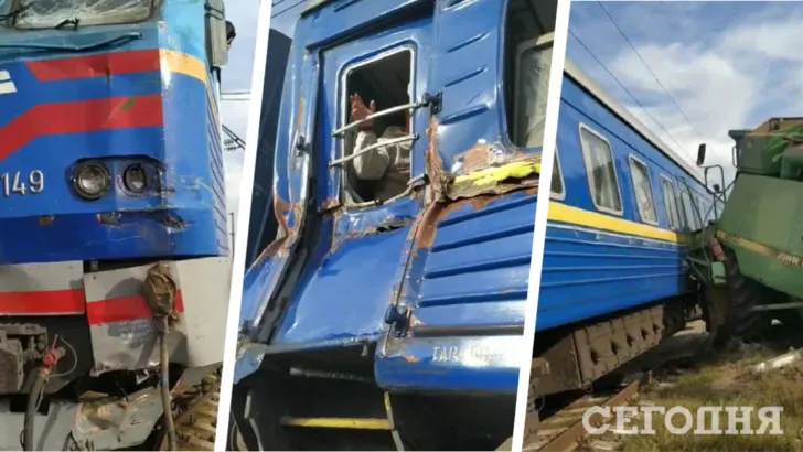 Пассажирский поезд сбил комбайн на железнодорожном переезде.