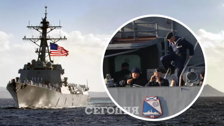 Россияне наблюдают со своего корабля за американским эсминцем. Коллаж "Сегодня"
