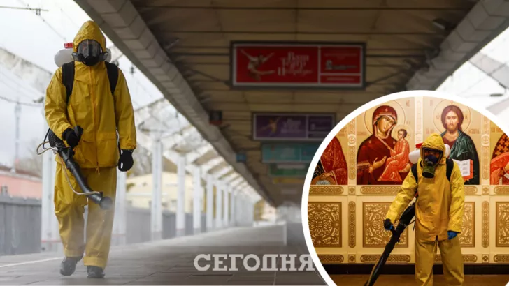 Работы по дезинфекции ведутся в храмах и на вокзалах / Фото Reuters / Коллаж "Сегодня"