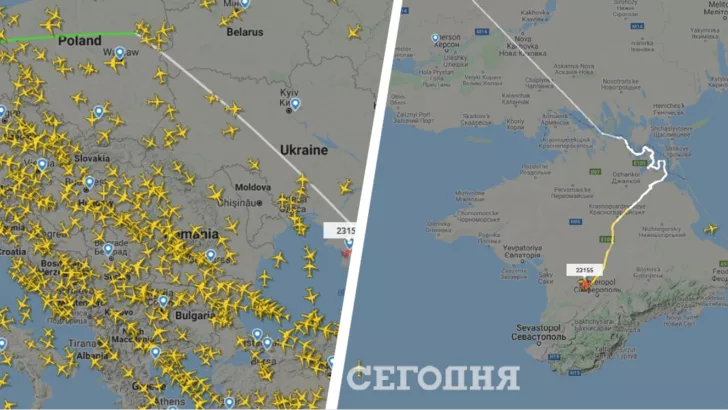 Путь неизвестного самолета через всю территорию Украины/Коллаж "Сегодня"
