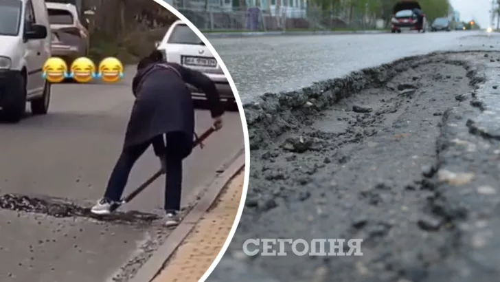 Киевлянка выкопала только что залатанную яму на дороге