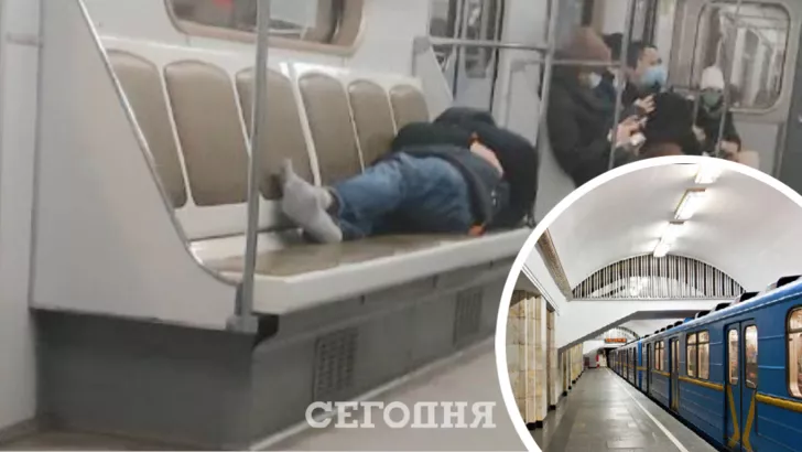 Чоловік ліг на сидячі місця в метро / Колаж "Сьогодні"