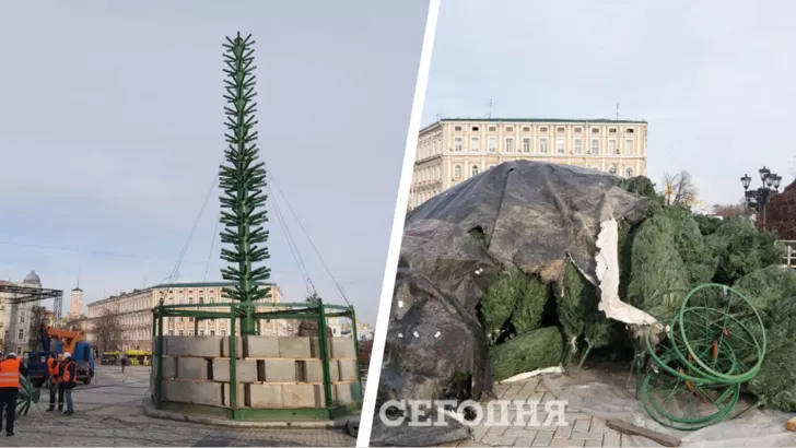На Софийскую площадь завезли гору искусственных веток, которыми будут украшать елку.
