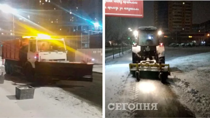 Всю ночь на дорогах Киева работала снегоуборочная техника.