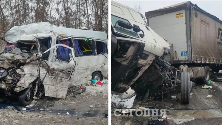 В аварии столкнулись грузовик и автобус с людьми.