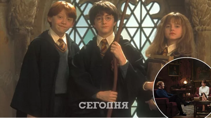 Эмма Уотсон, Дэниел Рэдклифф, Руперт Гринт на первом кадре из спецэпизода "Гарри Поттера".