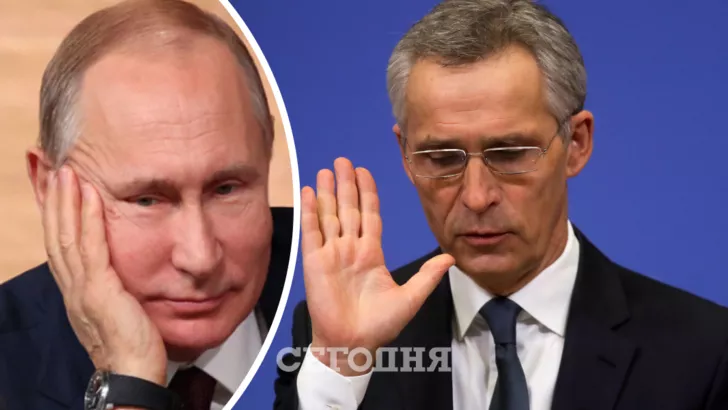 Слева президент России Владимир Путин справа генсек НАТО Йенс Столтенберг. Коллаж "Сегодня"