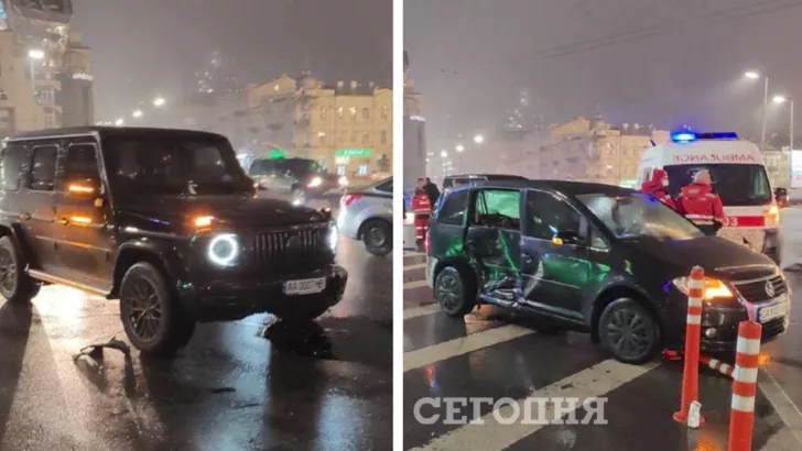 Водій Mercedes вилетів на червоний сигнал світлофору та зіткнувся з Volkswagen/Фото: Telegram-канал "Київ оперативний", колаж: "Сьогодні"