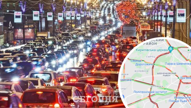 В Киеве огромные пробки на дорогах. Фото: коллаж "Сегодня"