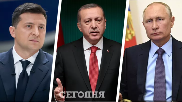 Зліва направо – Володимир Зеленський, Реджеп Ердоган, Володимир Путін. Фото: колаж "Сьогодні"