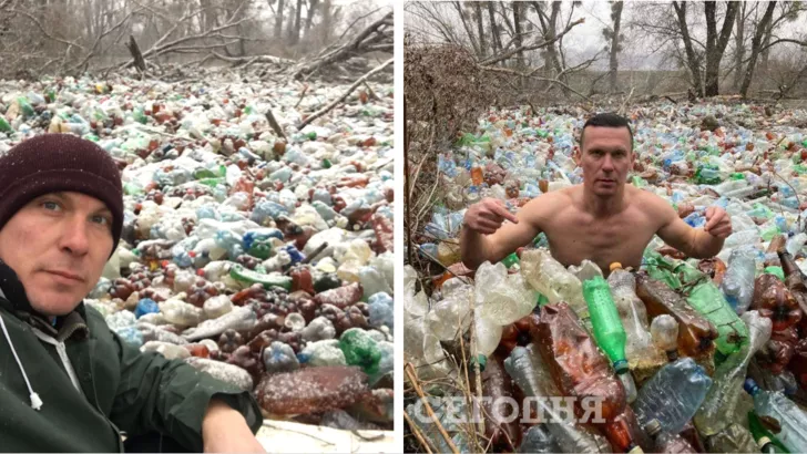 Екоактивіст пірнув у річку зі сміттям.
