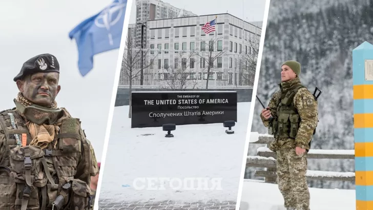 Из-за угрозы вторжения РФ из Украины эвакуируют дипломатов, а НАТО укрепляет свои позиции. Фото: коллаж "Сегодня"
