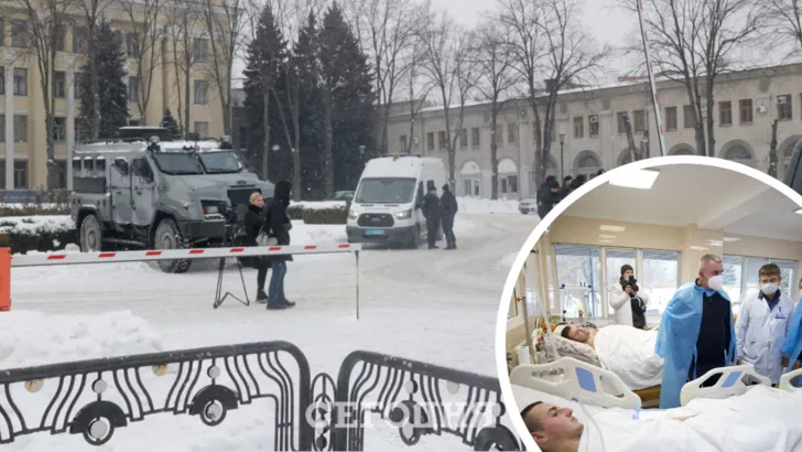 Министр МВД Украины Денис Монастырский приехал к раненым во время стрельбы в Днепре. Фото: Информатор, коллаж "Сегодня"