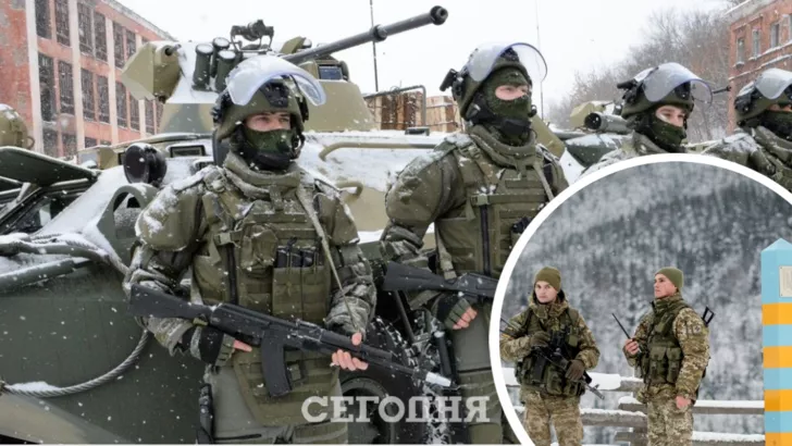 Військові РФ (ліворуч) та українські прикордонники (праворуч). Фото: колаж "Сьогодні"