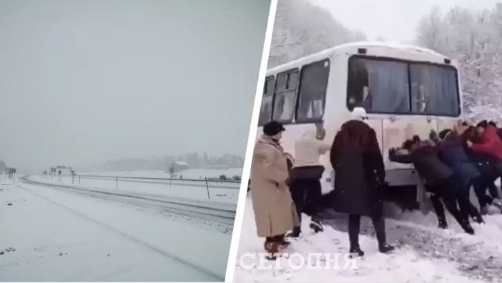 В Киевской области женщины толкали автобус. Фото: коллаж "Сегодня"