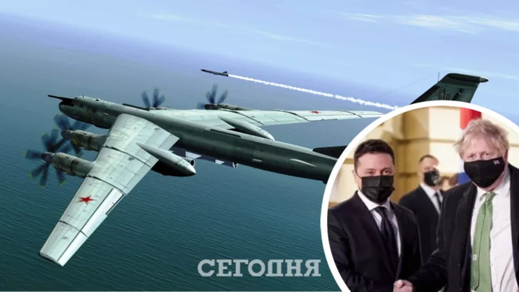 Бомбардировщик Ту-95 (слева) и Владимир Зеленский с Борисом Джонсоном (справа). Фото: коллаж "Сегодня"