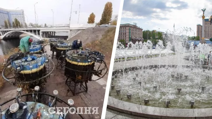 Комунальників за роботою помітили на Русанівських фонтанах та на Майдані. Колаж "Сьогодні"