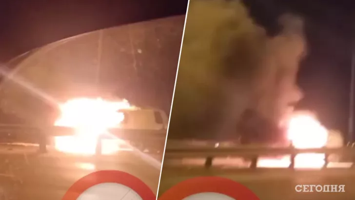 Машина спалахнула прямо на трасі/Скриншот: Telegram-канал "dtp.kiev.ua", колаж: "Сьогодні"