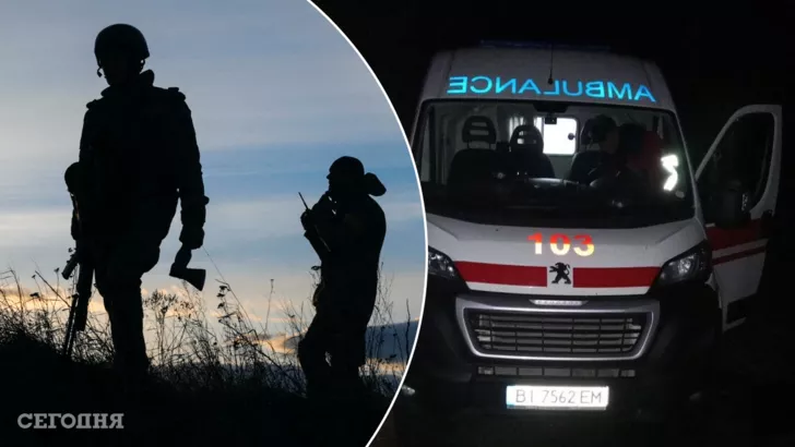 Украинские военные (фото Reuters)/Поврежденная скорая (фото "Сегодня")