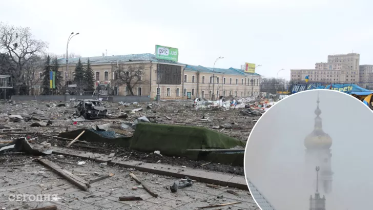 Обстріляний центр Харкова (фото Reuters)/Успенський собор під час бомбардування (фото із соцмереж)