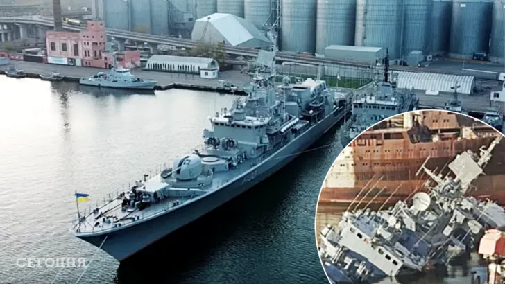 Корабель стояв у Миколаєві для ремонту/Фото: колаж: "Сьогодні"