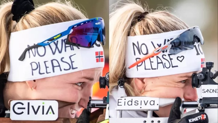 Норвезькі біатлоністки виступили у шапках з написом "Ні війні, будь ласка"