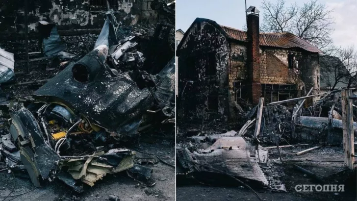 Залишки збитого під Києвом ворожого Су-27. Фото: колаж "Сьогодні"