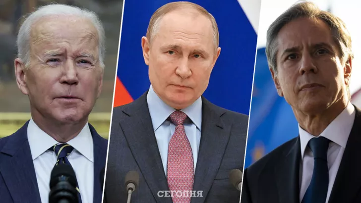 Слева направо - Джо Байден, Владимир Путин, Энтони Блинкен. Фото: коллаж "Сегодня"