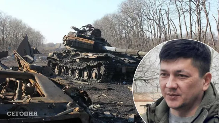 Разбитый танк армии РФ и Виталий Ким (справа). Фото: коллаж "Сегодня"