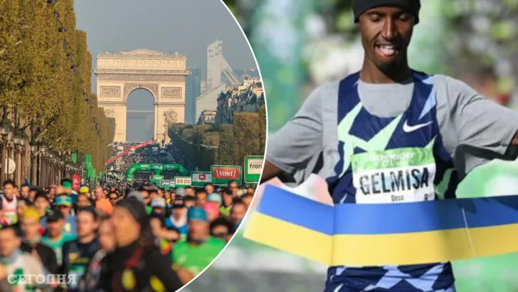 Победитель Парижского марафона пересек сине-желтую финишную ленту