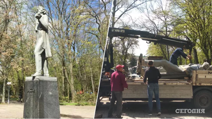 В Виннице убрали памятник российскому поэту Максиму Горькому. Фото: коллаж "Сегодня"