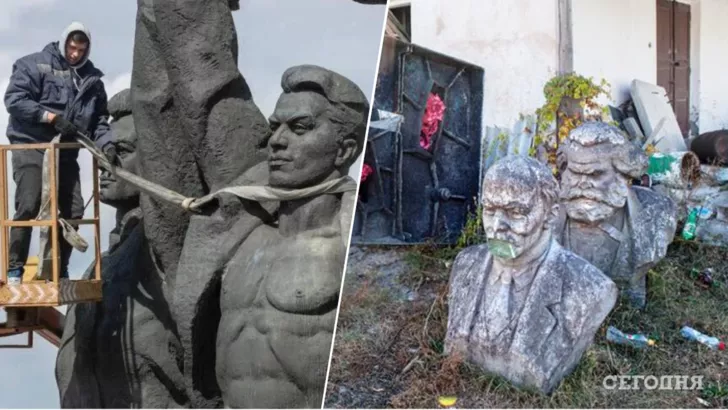 Демонтаж радянських пам'ятників. Фото: колаж "Сьогодні"