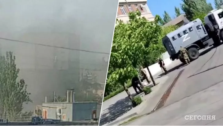 Оккупанты "работают" на месте взрыва в Мелитополе. Фото: коллаж "Сегодня"