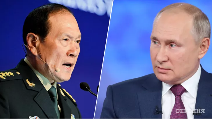 Министр обороны Китая Вэй Фэнхэ заявил, что его страна де помогает путинской РФ оружием/Фото: REUTERS/Caroline Chia, коллаж: "Сегодня"