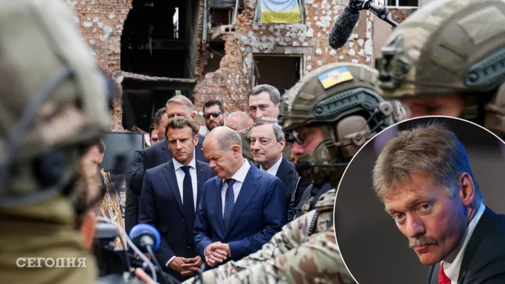 Дмитрий Песков (справа) и лидеры Франции, Италии и Румынии (слева). Фото: коллаж "Сегодня"
