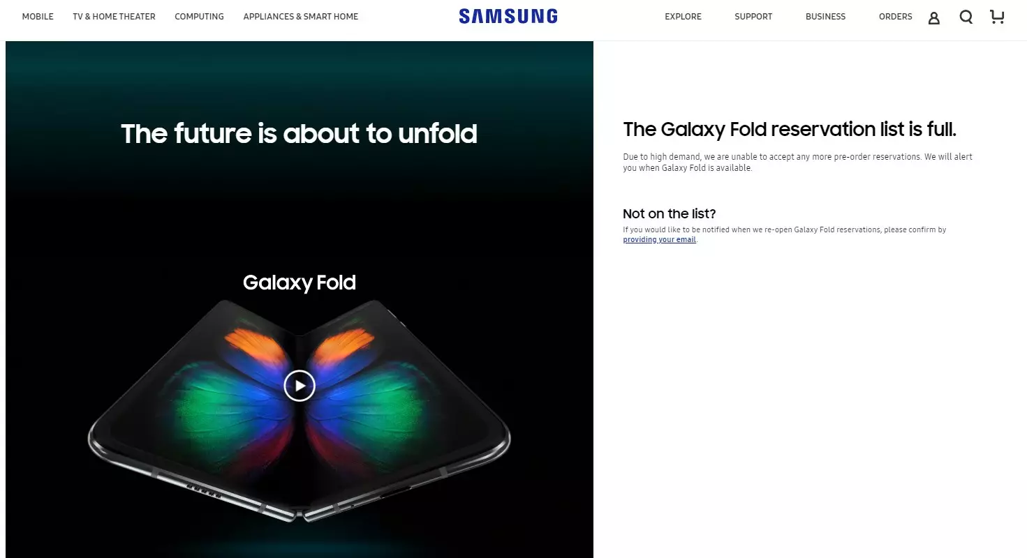 Samsung Galaxy Fold больше недоступен для предзаказа